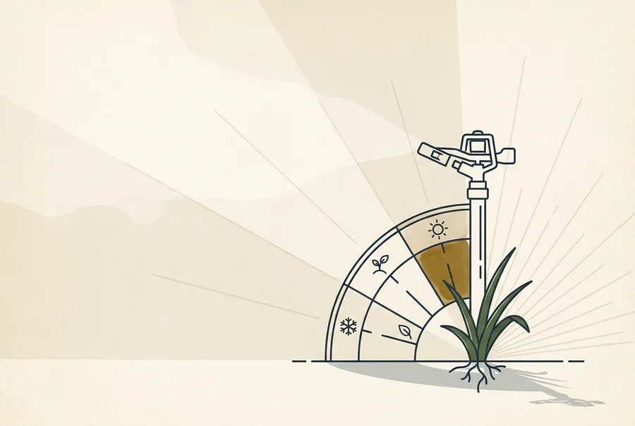 Line-drawn illustration of a seasonal dial with a sprinkler riser and a sprig of turf