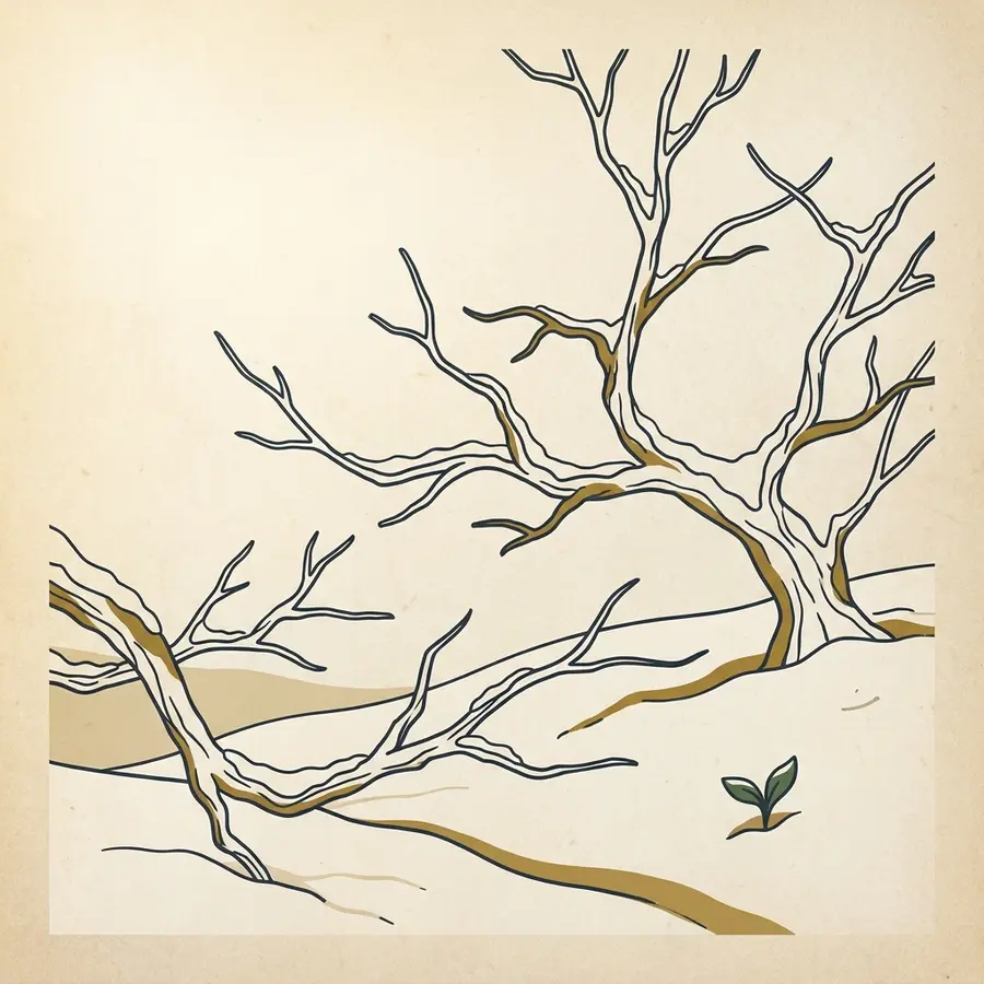 Line illustration of bare branches over snow-dusted ground